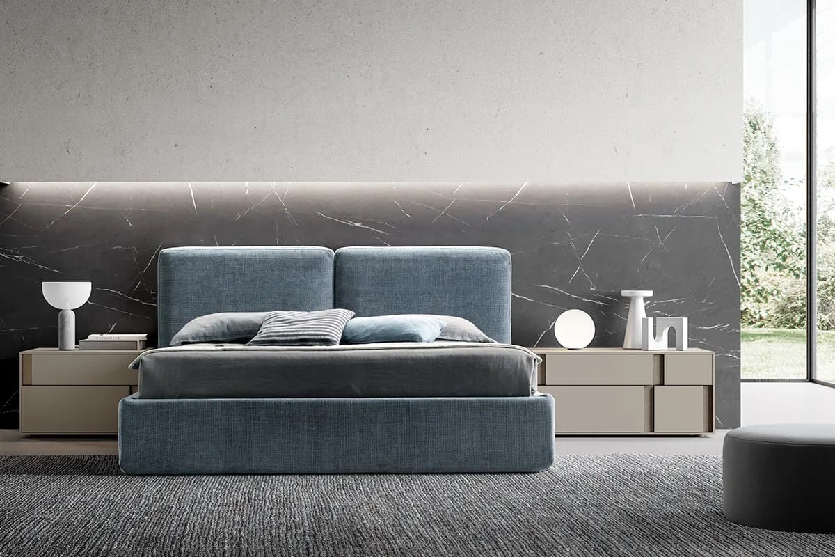 Letto matrimoniale in jeans Doimo Cloud con comodini abbinati Loop