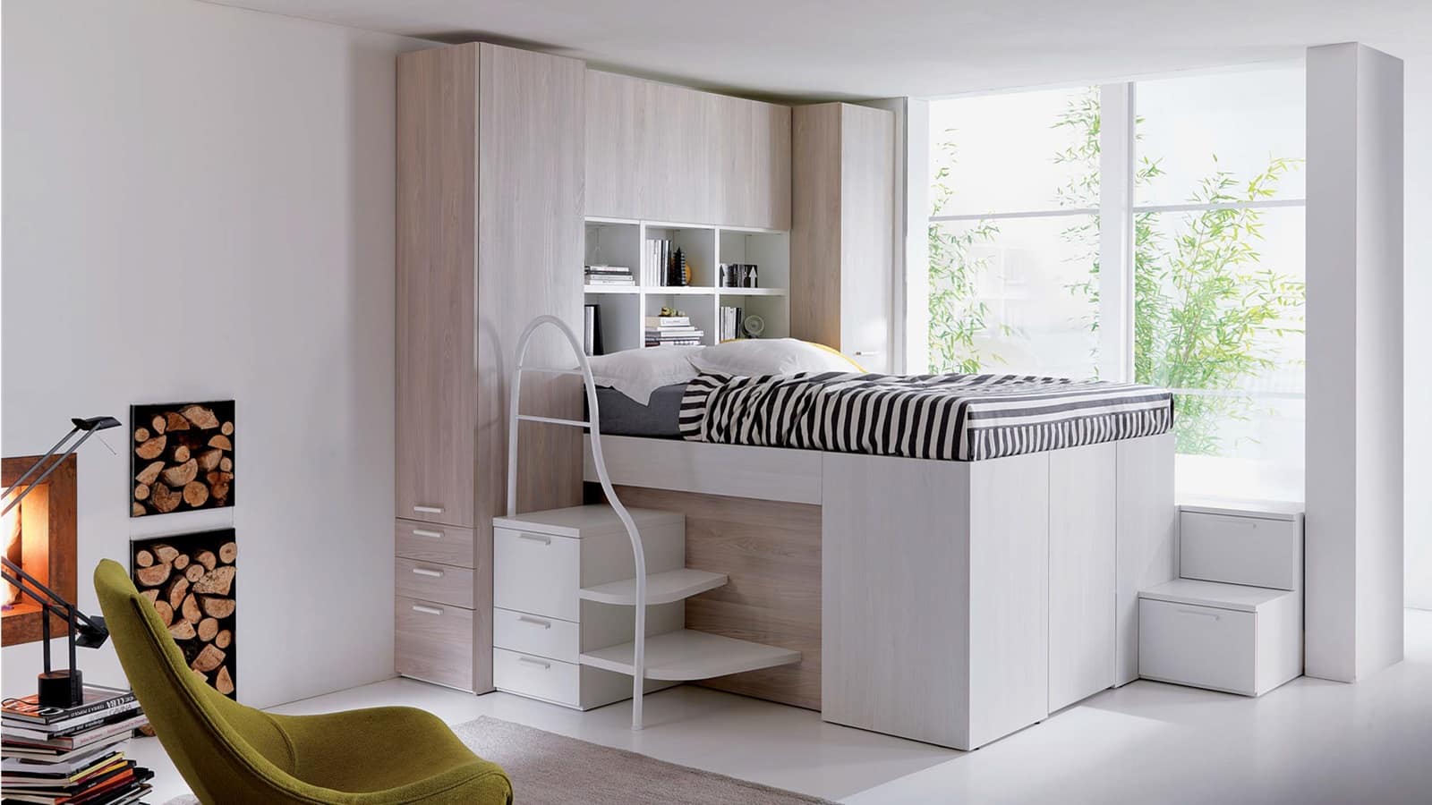 Camera matrimoniale con armadio e letto a soppalco Container