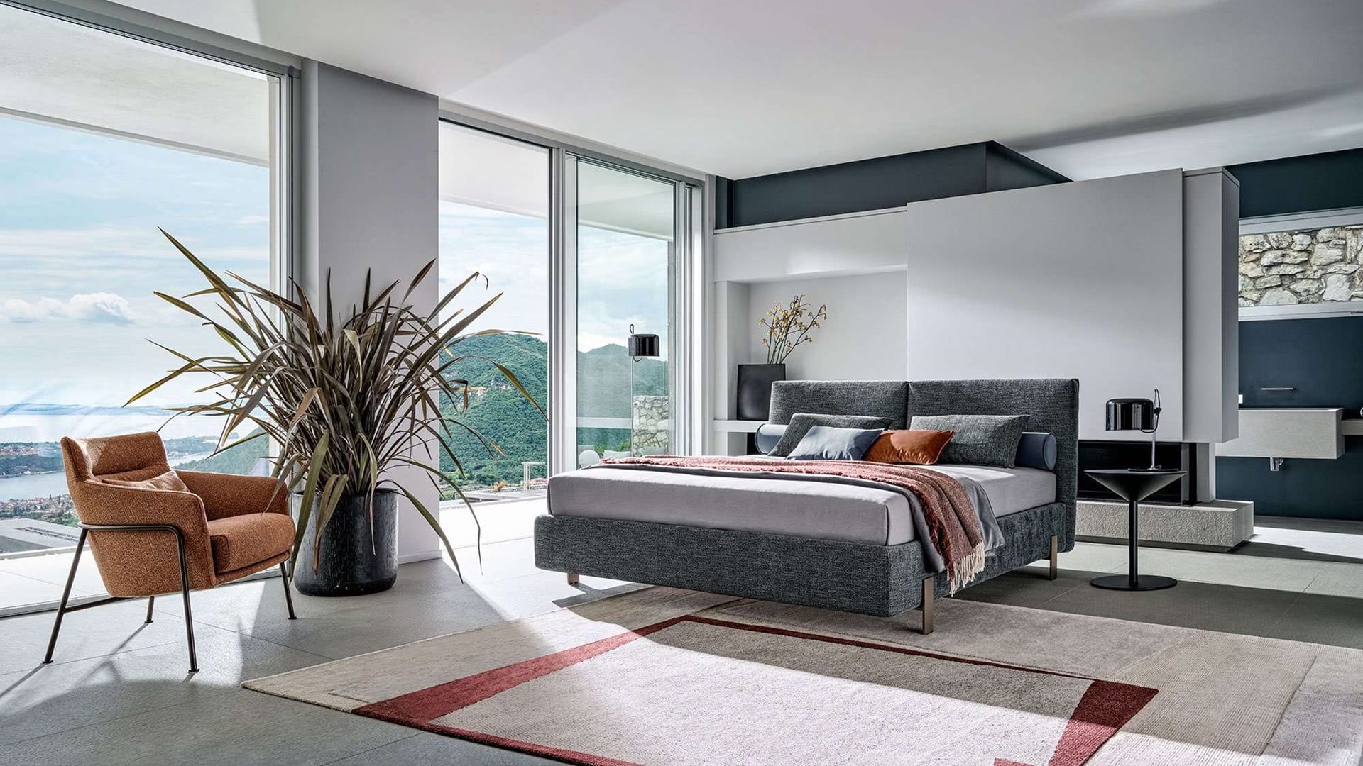 Letto matrimoniale contenitore imbottito in tessuto
